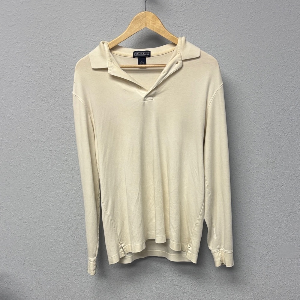 Lands' End Men’s Regular Ivory Long Sleeve Polo